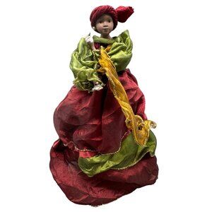 Vtg Handmade African-Style Doll Red Green Dress Christmas tree toper 16" READ